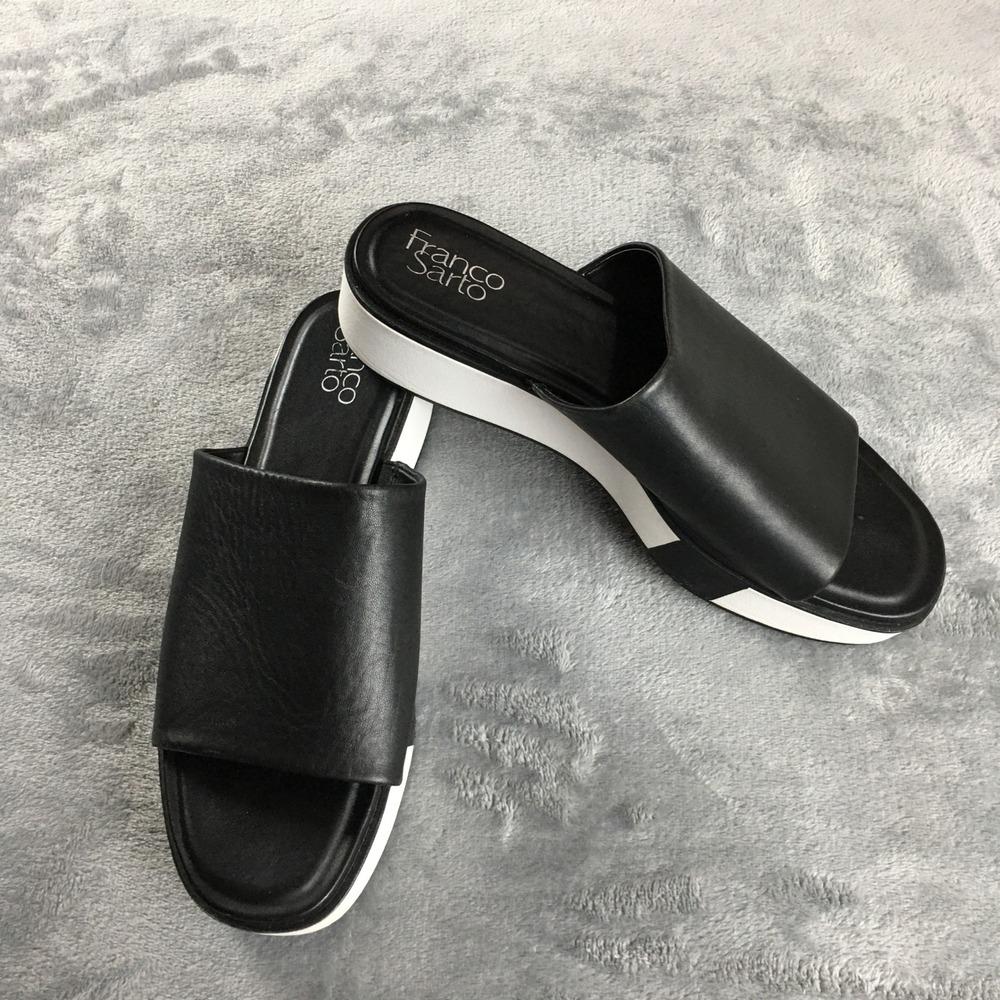 Franco Sarto Orelia Black Leather Platform Slide Sandals Mules Womens 9.5M
